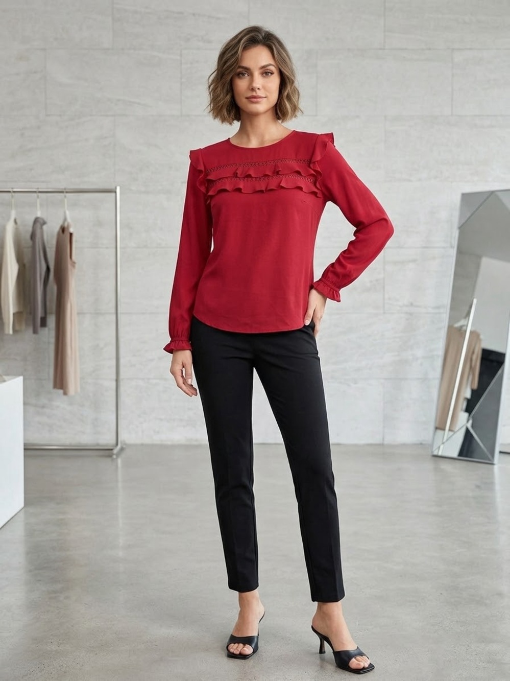 LOFT Red Ruffle Crochet Trim Long Sleeve Blouse | Large | Feminine Boho Top